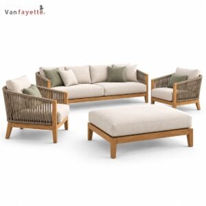 SF26323 teak frame lounge set with vertical woven rope backs