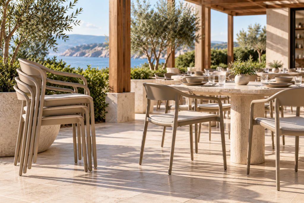 Stack of contemporary outdoor dining chairs beside matching chairs and stone tables on a luxury resort restaurant terrace.