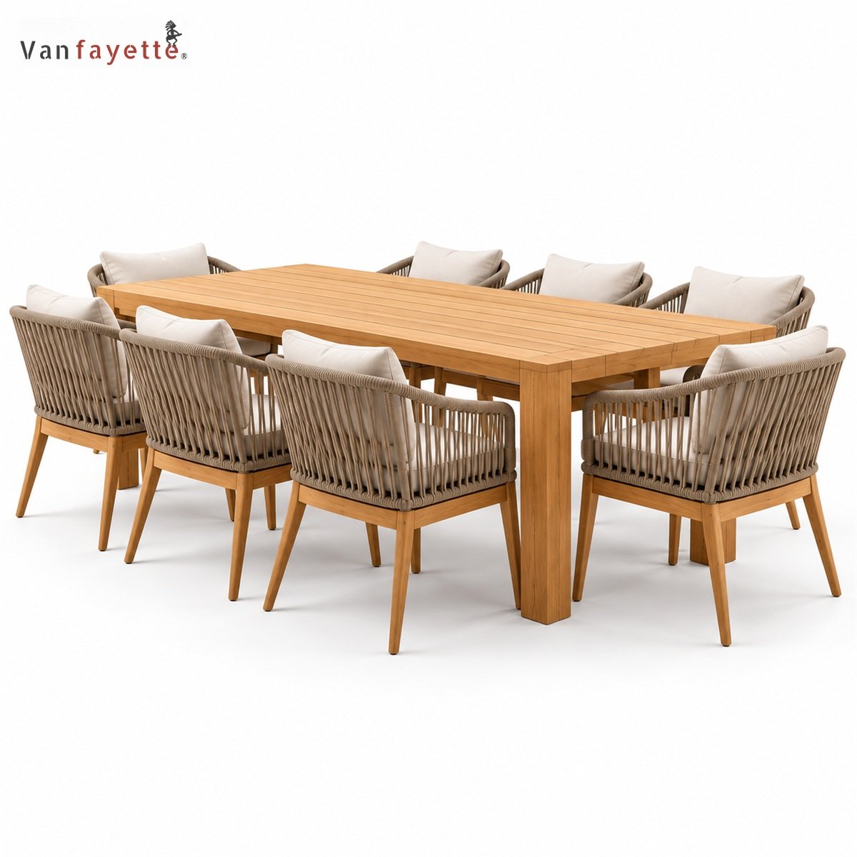 TC-77324 teak dining set rear view with woven rope chair backs